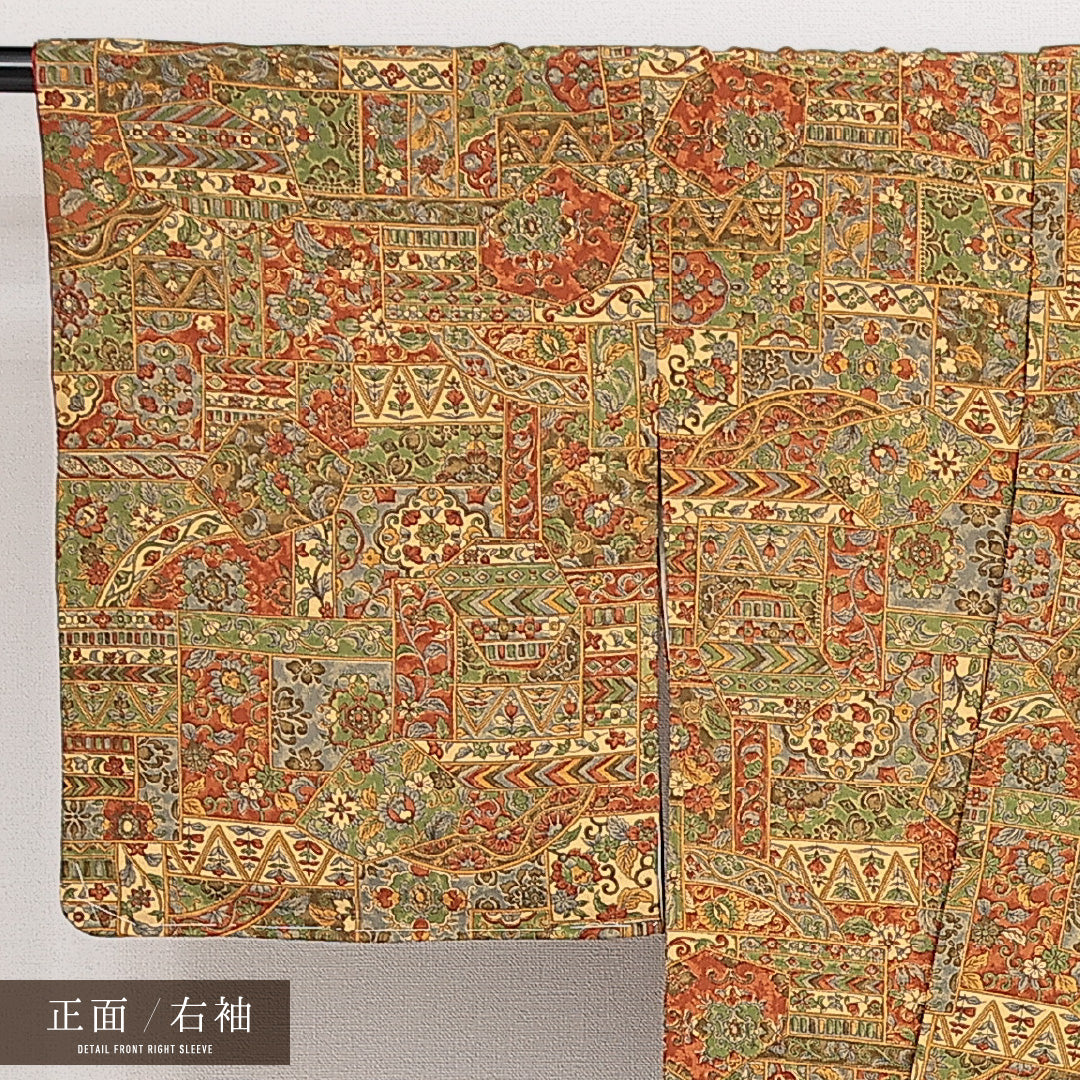 小紋 袷 身丈164cm 裄丈64cm 正絹 Aランク インフォーマル 広衿 Lサイズ 更紗 茶系 RP 1221-14542