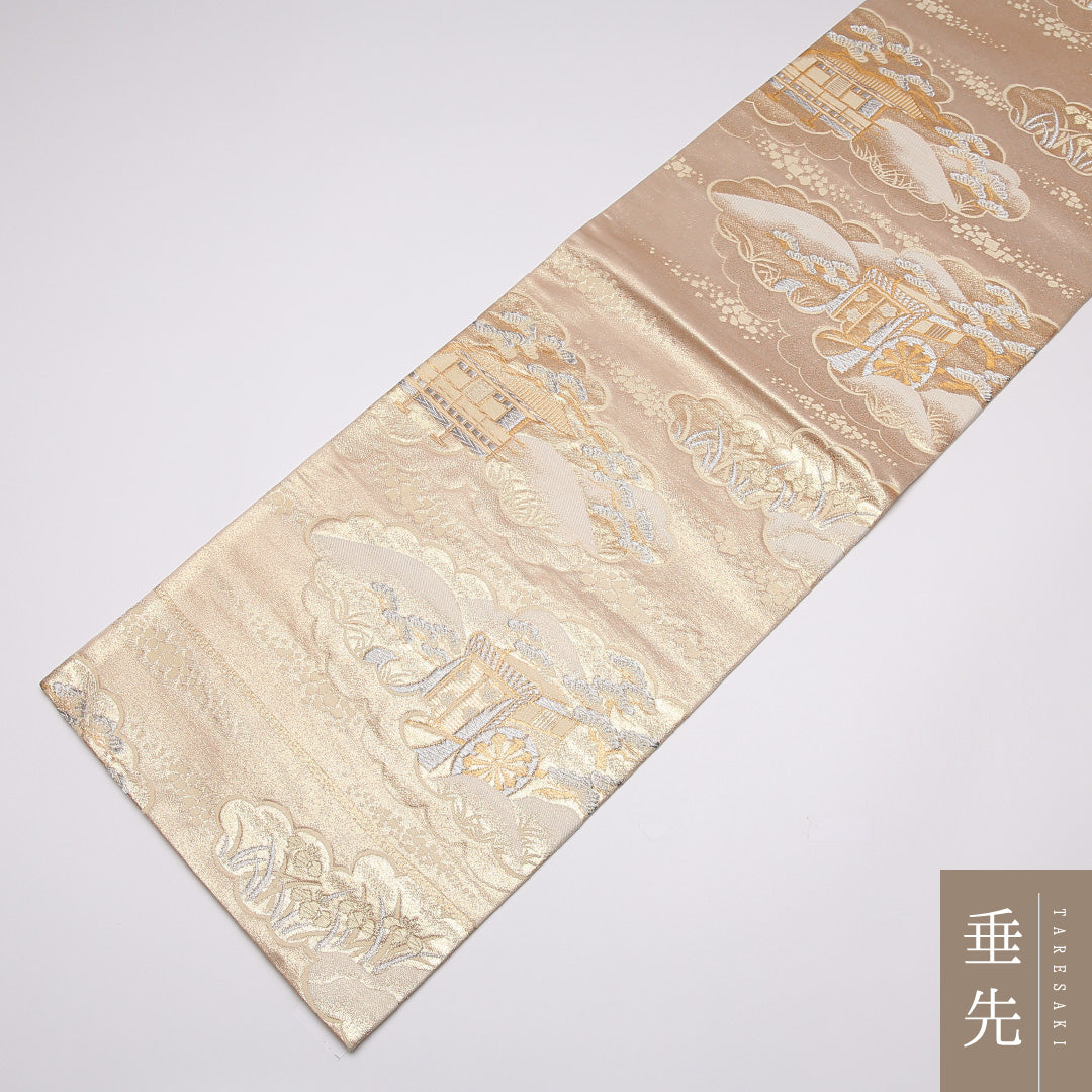 袋帯 帯丈412cm 六通 御所解 フォーマル クリーム系 正絹 Aランク 1223-01065