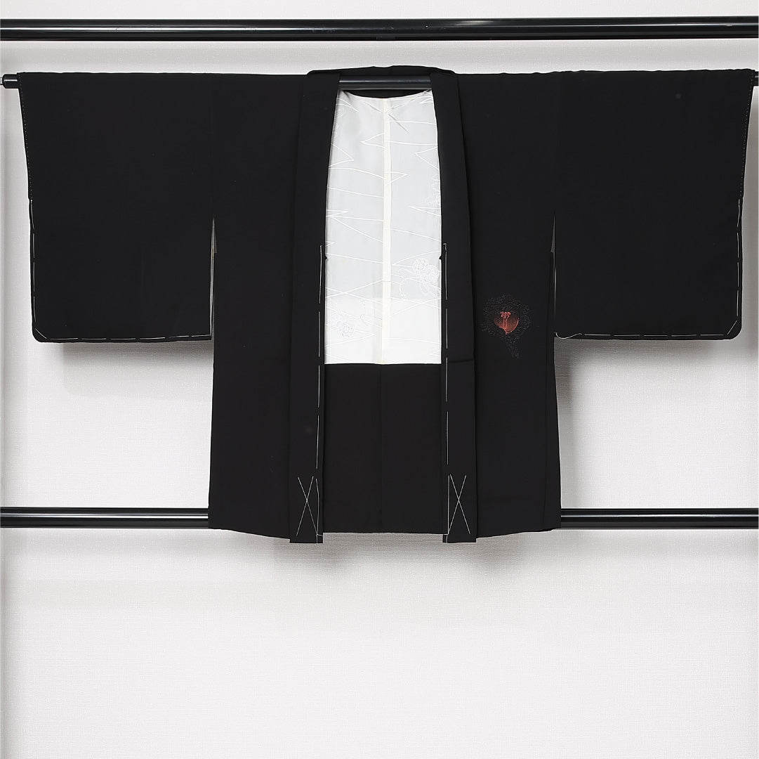 黒羽織 袷 身丈80cm 裄丈64cm 正絹 Cランク インフォーマル Mサイズ 刺繍 鹿 黒系 HP 1233-12924