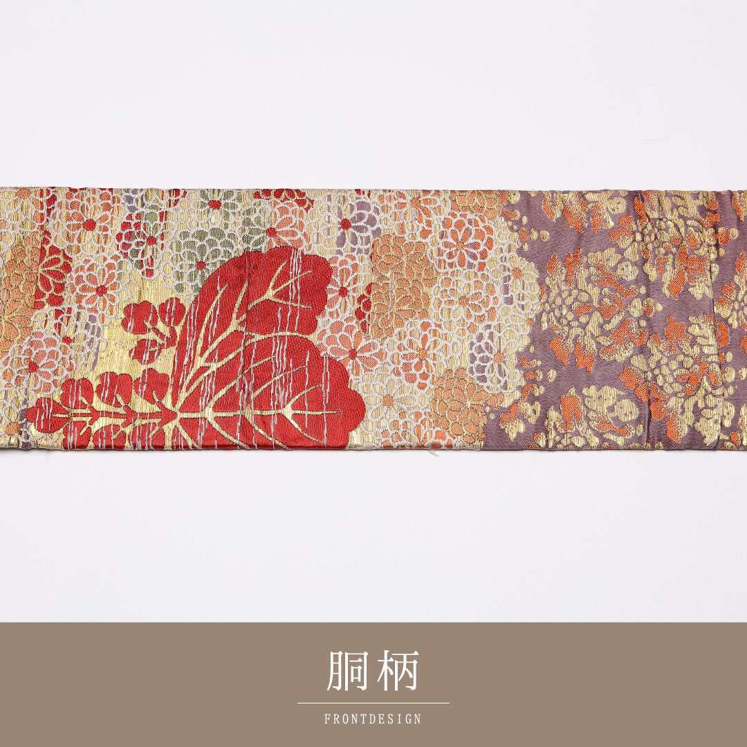 アンティーク 九寸名古屋帯 Cランク 帯丈354cm 正絹 六通 名古屋仕立て 織り 菊 桐 紅葉 金系 RP 1245-01436