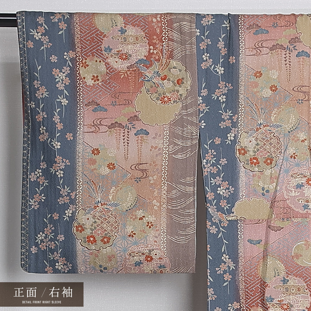 小紋 袷 身丈157cm 裄丈65cm 正絹 Sランク インフォーマル 広衿 Mサイズ 雪輪 花柄 吉祥文様 多色系 RP 1221-12385