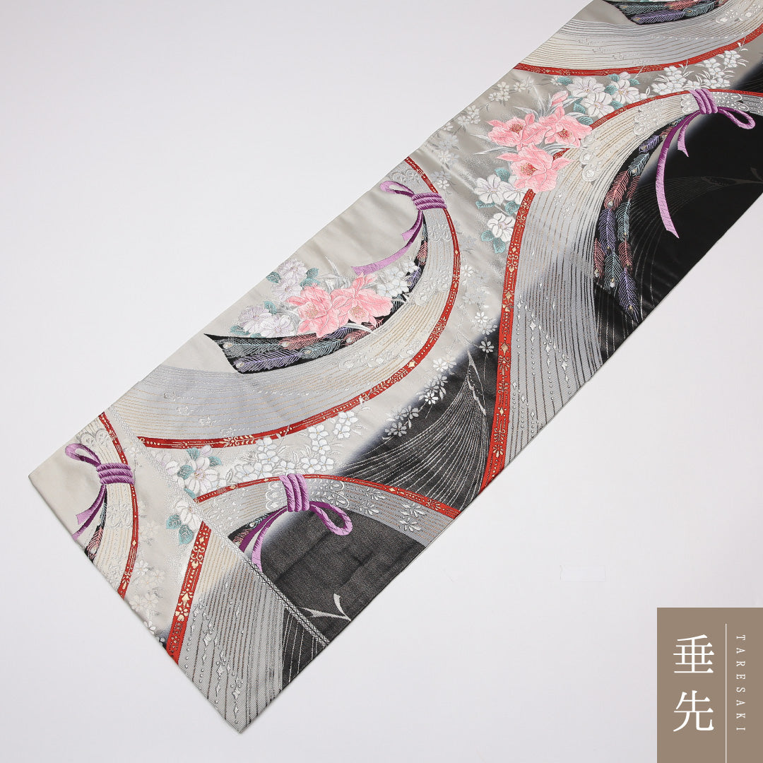 振袖用 袋帯 帯丈428cm ポリエステル 六通 熨斗 銀系 黒系 1243-01254