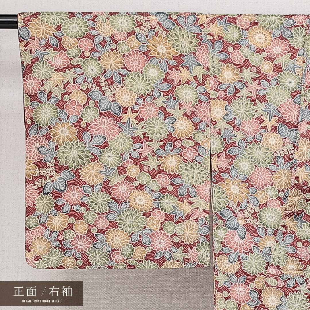 洗える着物 小紋 袷 身丈149cm 裄丈60cm ポリエステル Sランク インフォーマル 広衿 XSサイズ 花柄 赤系 RP 1221-14256