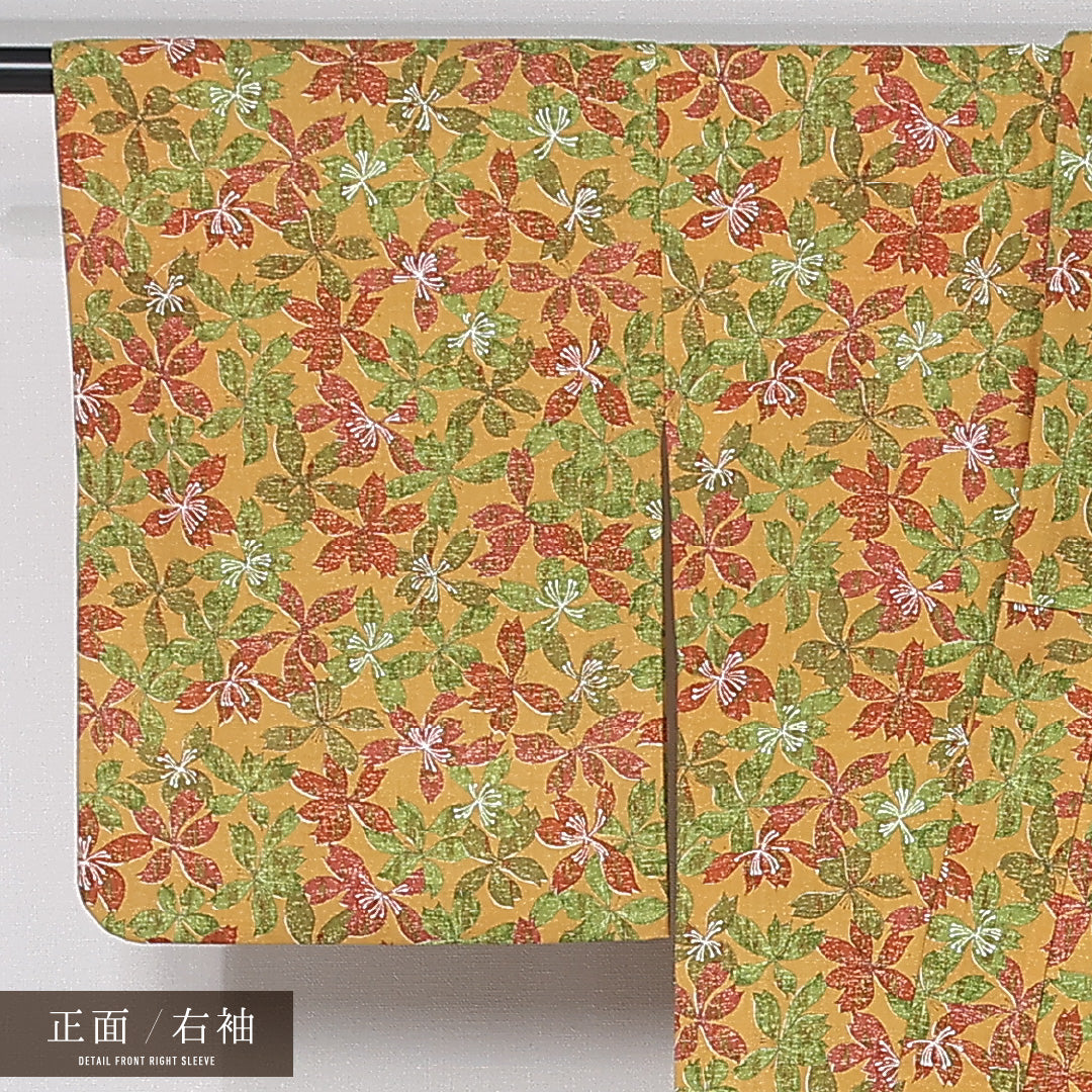 紬 単衣 身丈155cm 裄丈62cm 正絹 Bランク カジュアル バチ衿 Mサイズ 染め紬 肩当て 花柄 黄系 RP 1223-12031