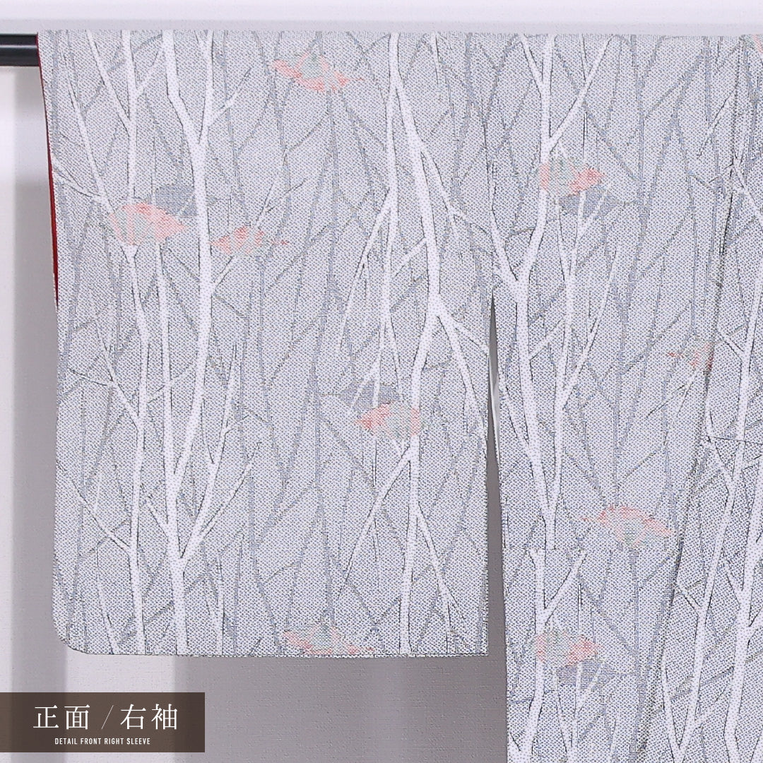 小紋 袷 身丈159cm 裄丈66cm 正絹 Cランク インフォーマル 広衿 Mサイズ 植物柄 グレー系 LP 1221-11750
