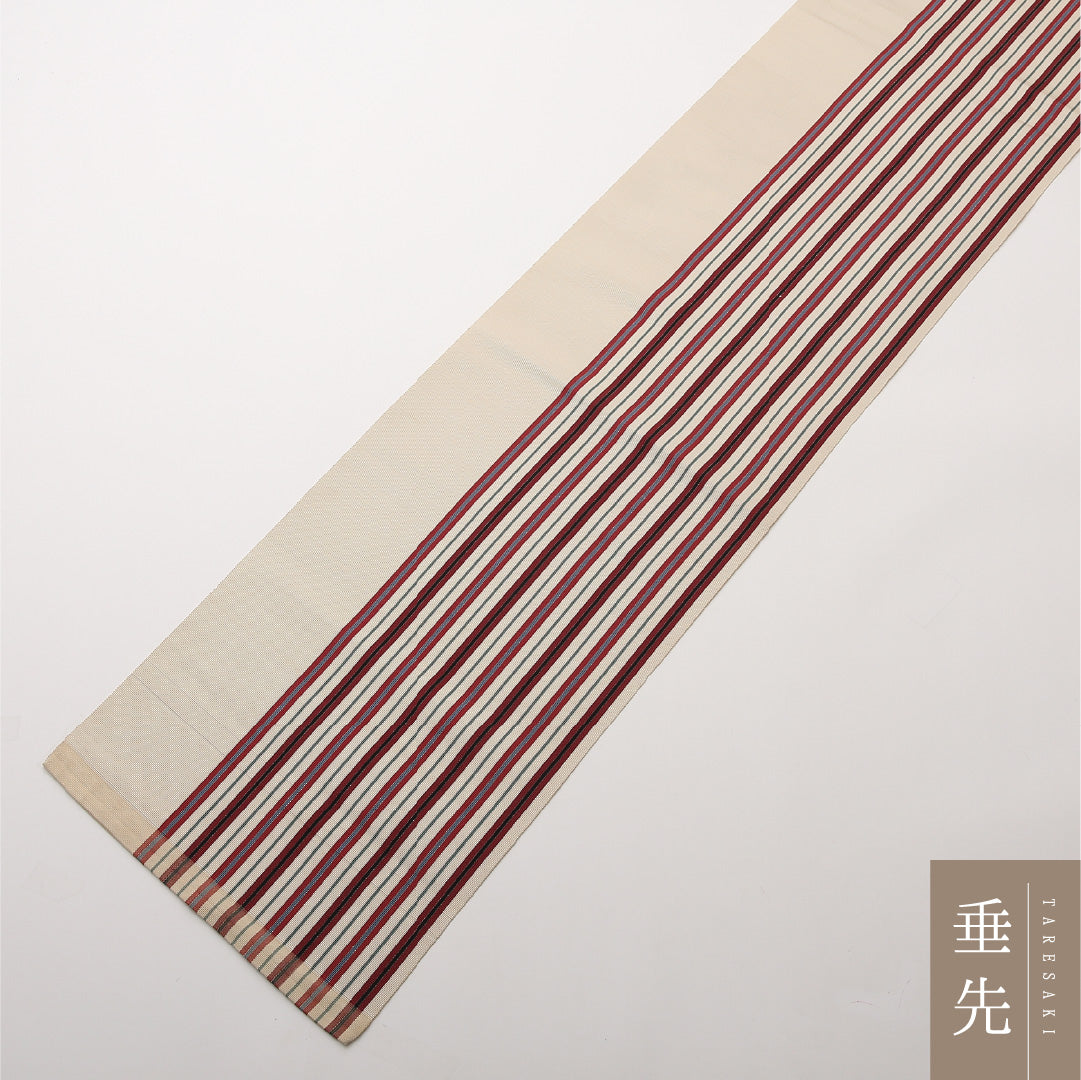 名古屋帯 全通 帯丈396cm カジュアル Cランク リバーシブル 正絹 本場筑前博多織 縞 クリーム系 1224-02186
