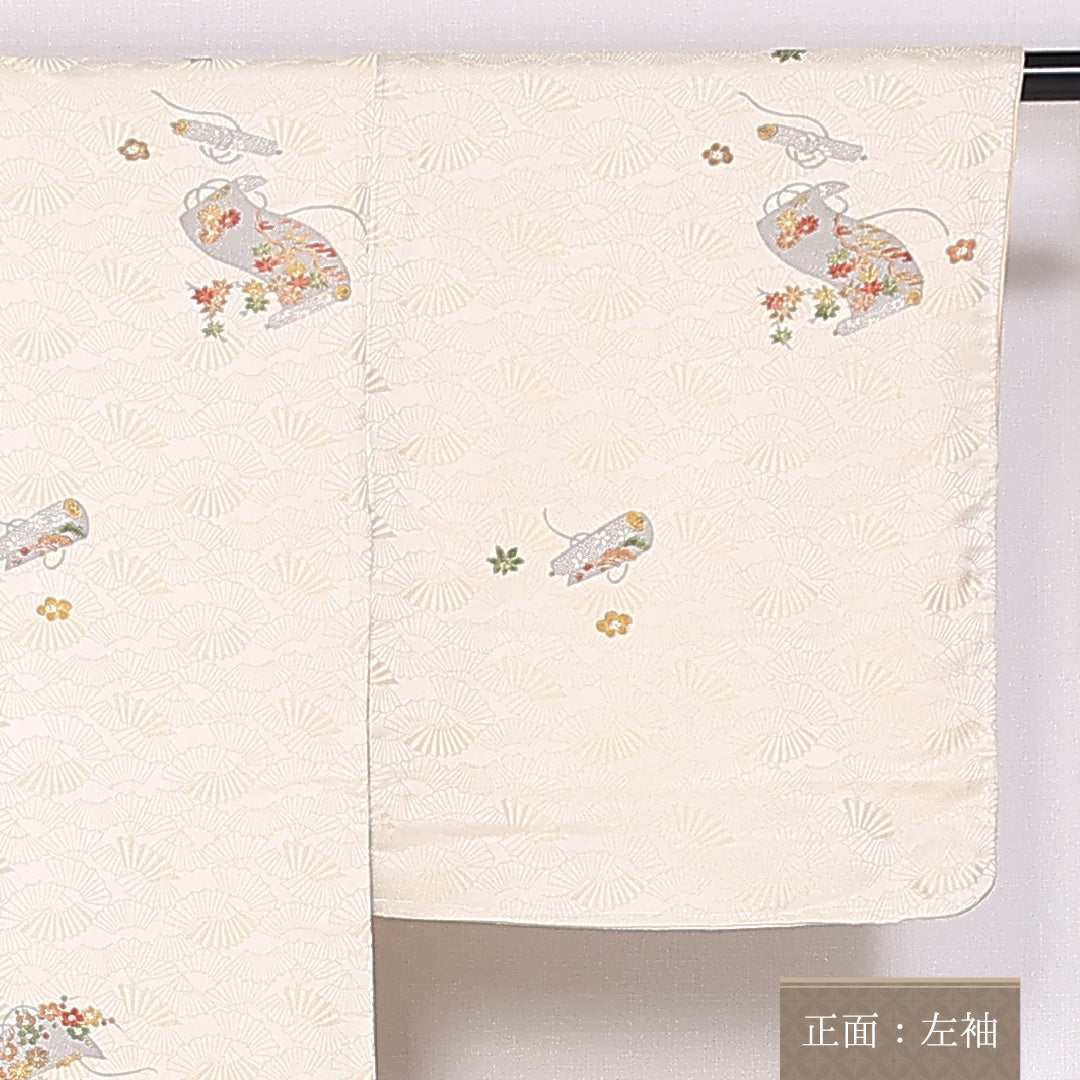 小紋 身丈145cm 裄丈62cm Sランク 袷 正絹 広衿 扇子 巻物 古典柄 1215-10004