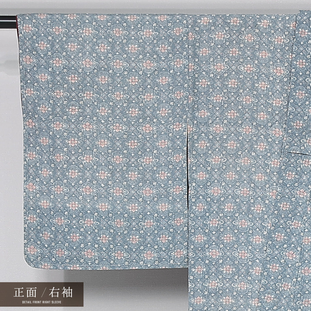 小紋 袷 身丈161cm 裄丈63cm 正絹 Aランク インフォーマル バチ衿 Lサイズ 花菱 水色系 RP 1221-12012
