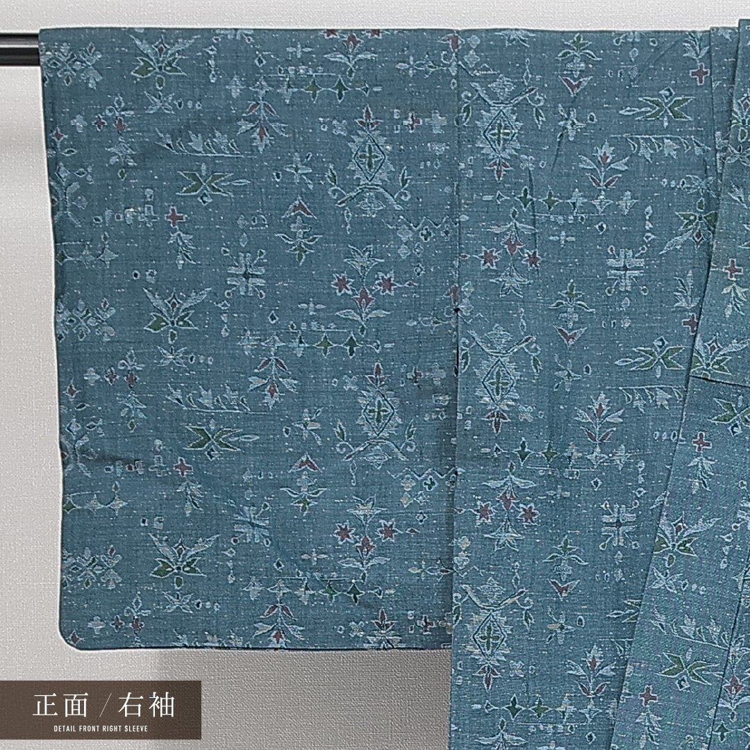 紬 単衣 身丈140cm 裄丈61cm 正絹 Aランク カジュアル バチ衿 XSサイズ 植物柄 創作柄 青系 RP 1223-14792