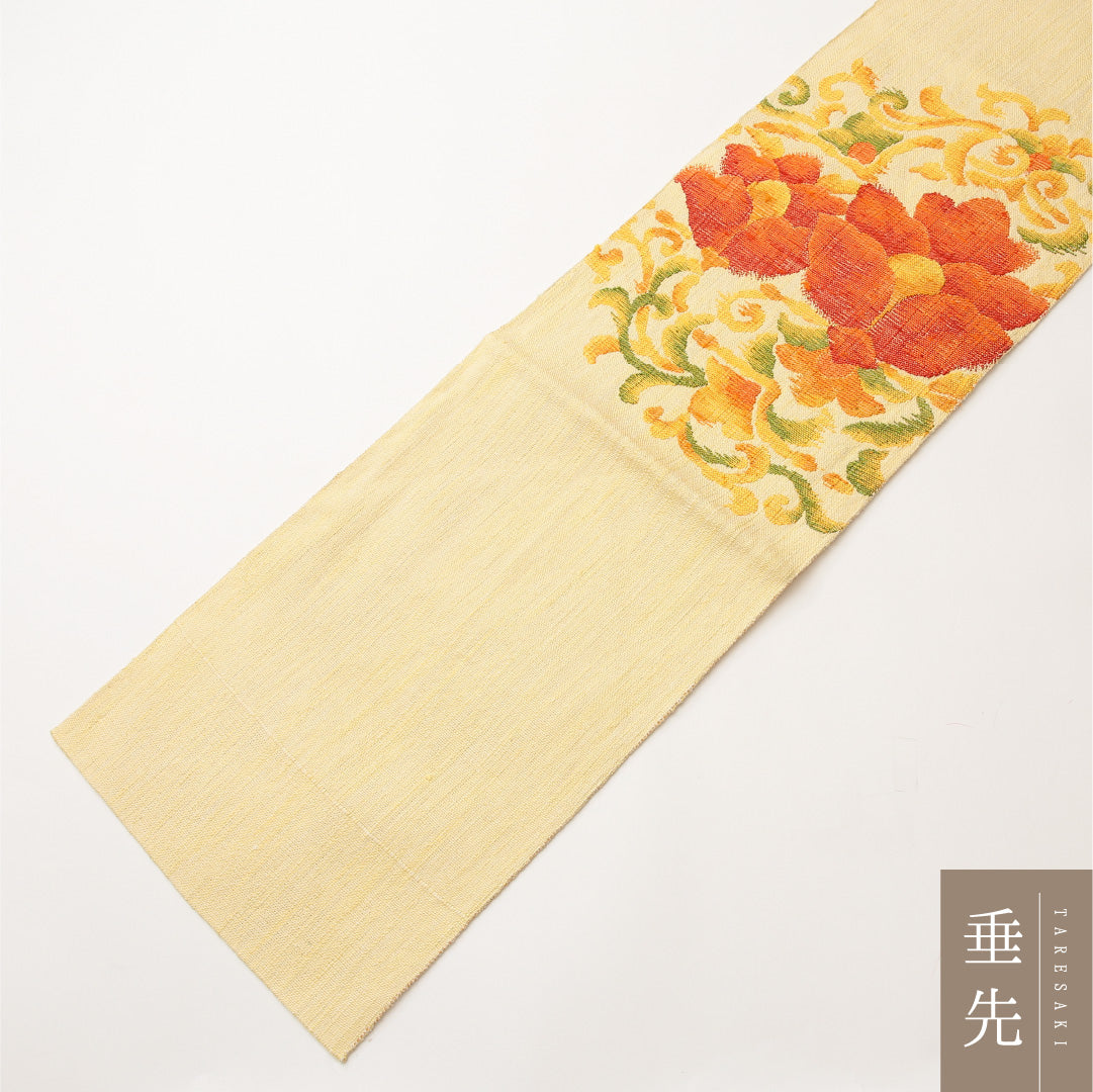 八寸名古屋帯 Sランク 帯丈350cm 正絹 ポイント柄 松葉仕立て 織り カジュアル 紬 唐華 黄系 RP 1245-02083