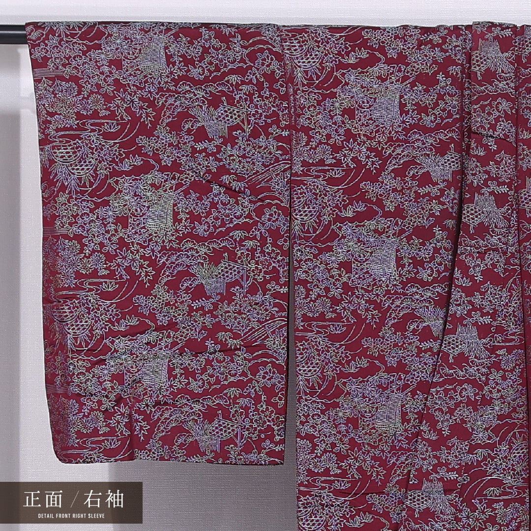 アンティーク お召 袷 身丈148cm 裄丈63cm 正絹 Bランク バチ衿 XSサイズ 御所車 花柄 笠松 紫系 M4 1222-11726