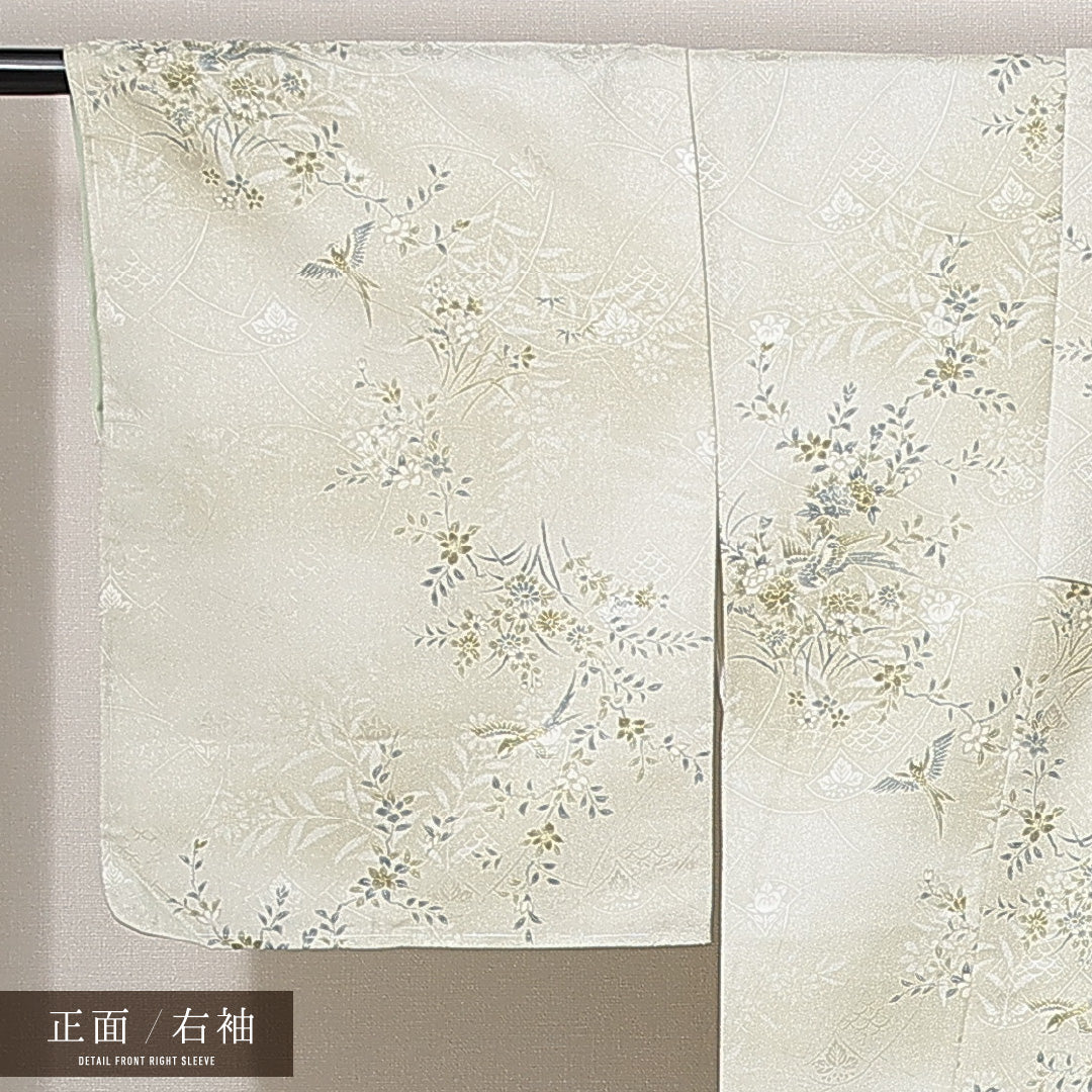 新古品 小紋 洗える着物 袷 身丈159cm 裄丈64cm ポリエステル Nランク Mサイズ 広衿 インフォーマル 花喰鳥 しつけ糸 緑系 1215-14816