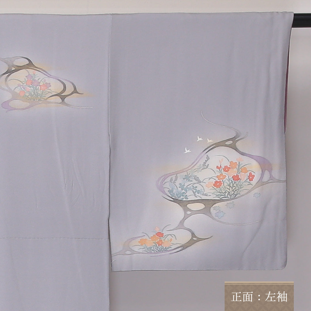 訪問着 袷 身丈158cm 裄丈62cm 正絹 Aランク セミフォーマル 広衿 Mサイズ ぼかし染 鶴 花柄 グレー系 RP 1217-04585