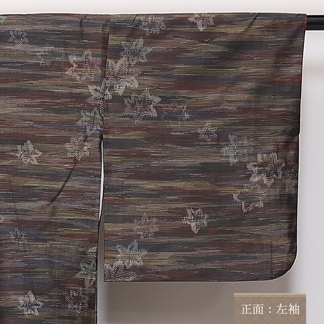 洗える着物 紬 袷 身丈152cm 裄丈62cm ポリエステル Sランク カジュアル 広衿 Sサイズ 紅葉 茶系 RP 1223-03852