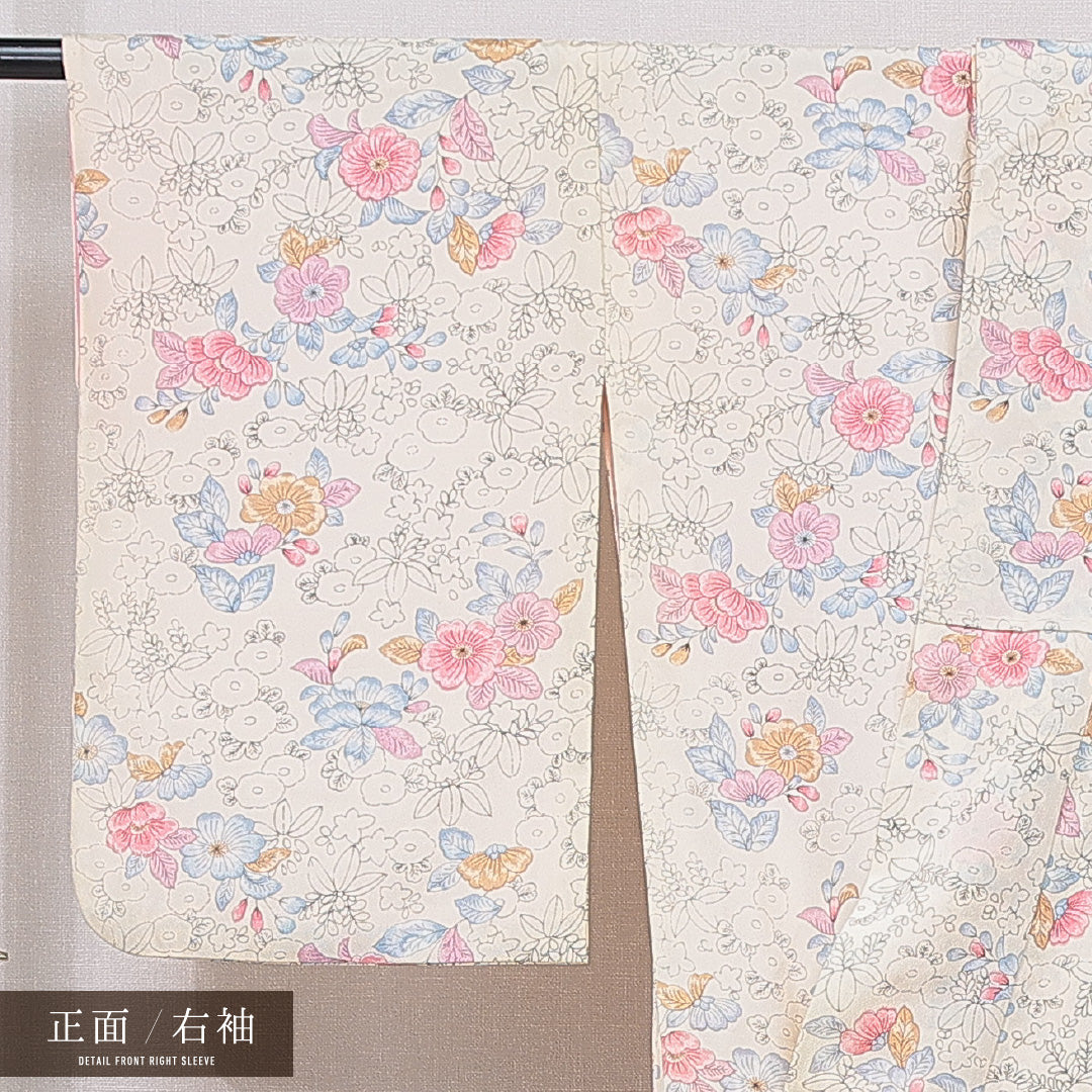小紋 洗える着物 袷 身丈161cm 裄丈64cm ポリエステル Cランク Lサイズ 広衿 インフォーマル 花柄 クリーム系 1215-15637
