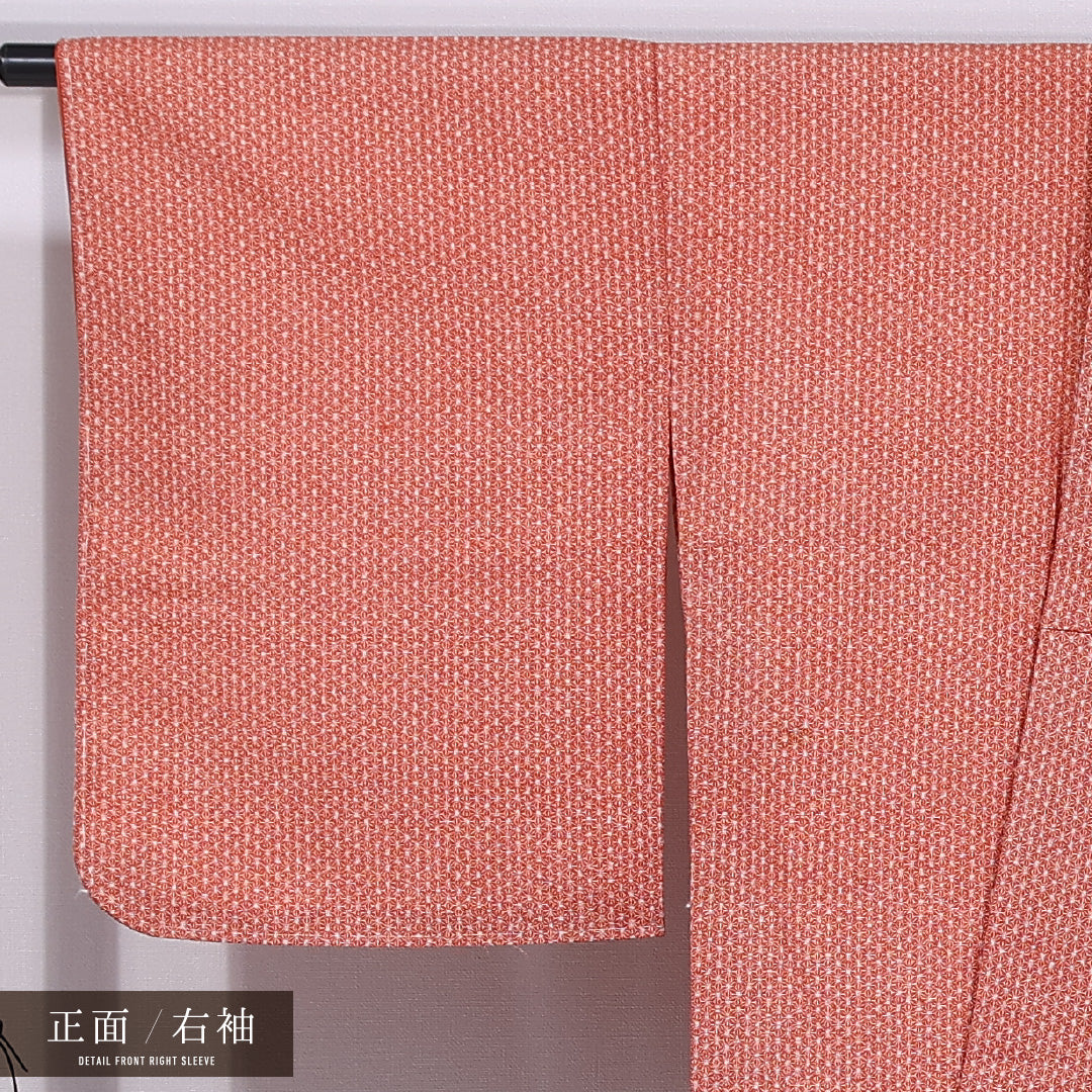 小紋 袷 身丈164cm 裄丈68cm 正絹 Aランク インフォーマル バチ衿 Lサイズ 麻の葉 朱系 HP 1221-11714