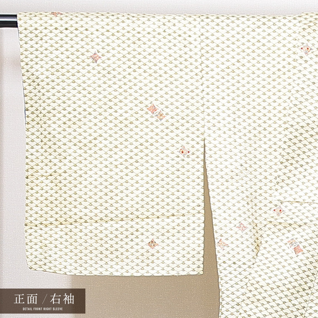 小紋 袷 身丈154cm 裄丈62cm 正絹 Sランク インフォーマル 広衿 Sサイズ 扇 古典柄 黄系 RP 1221-14907