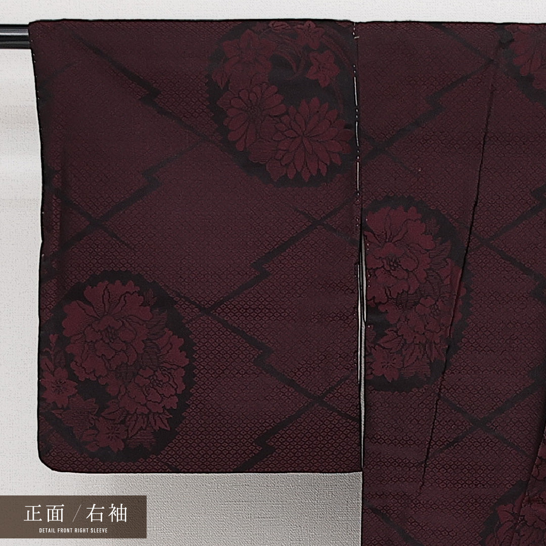 アンティーク お召 袷 身丈146cm 裄丈61cm 正絹 Aランク バチ衿 XSサイズ 松皮菱 花柄 赤系 RP 1222-14453