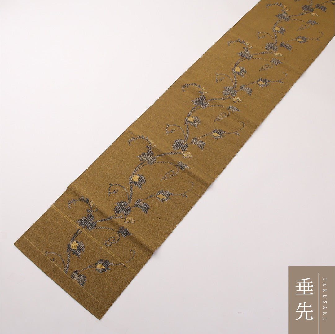 名古屋帯 六通 帯丈340cm カジュアル Bランク 正絹 唐草 植物柄 茶系 1224-02270