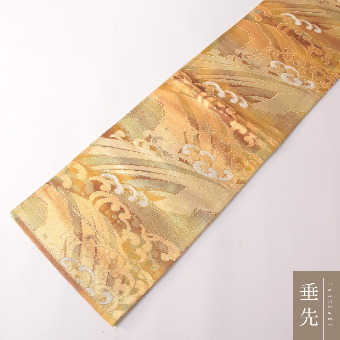 袋帯 帯丈408cm 正絹 六通 フォーマル 荒磯 古典柄 金系 1243-01765
