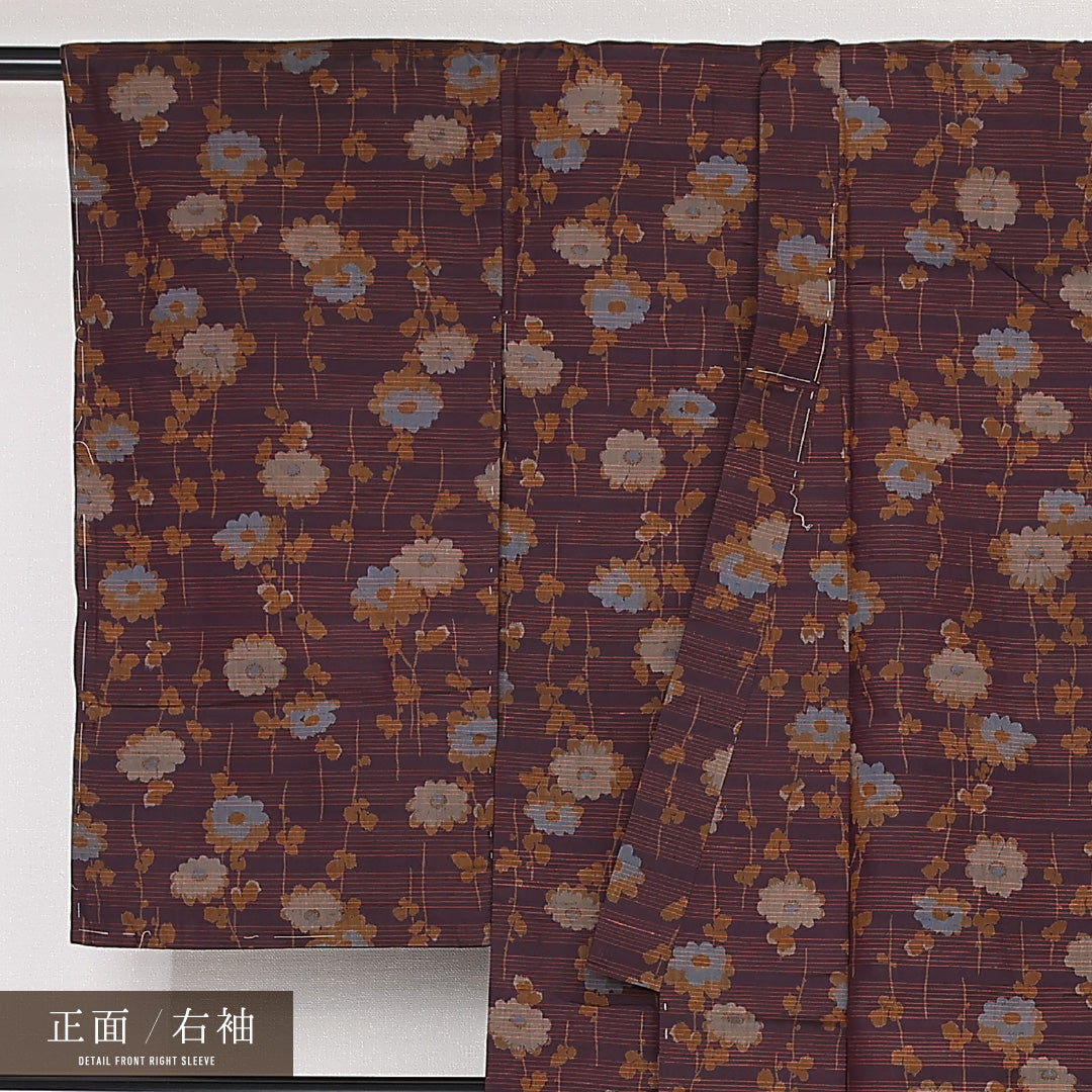 アンティーク 紬 袷 身丈140cm 裄丈62cm 正絹 Aランク バチ衿 XSサイズ 縞 花柄 紫系 RP 1223-13219