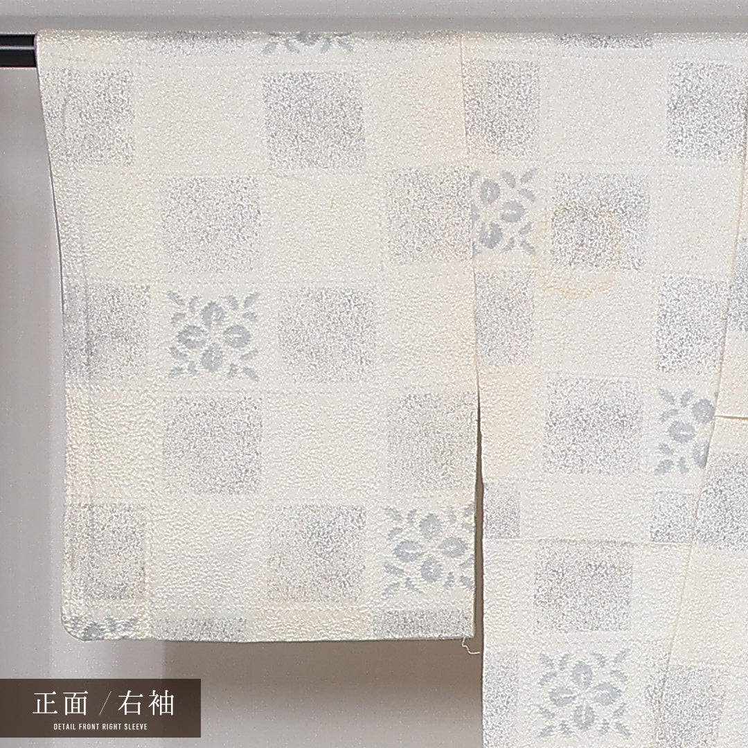 小紋 身丈161cm 裄丈63.5cm Cランク L 正絹 袷 広衿 ふくれ織 市松 カジュアル クリーム系 1215-12057