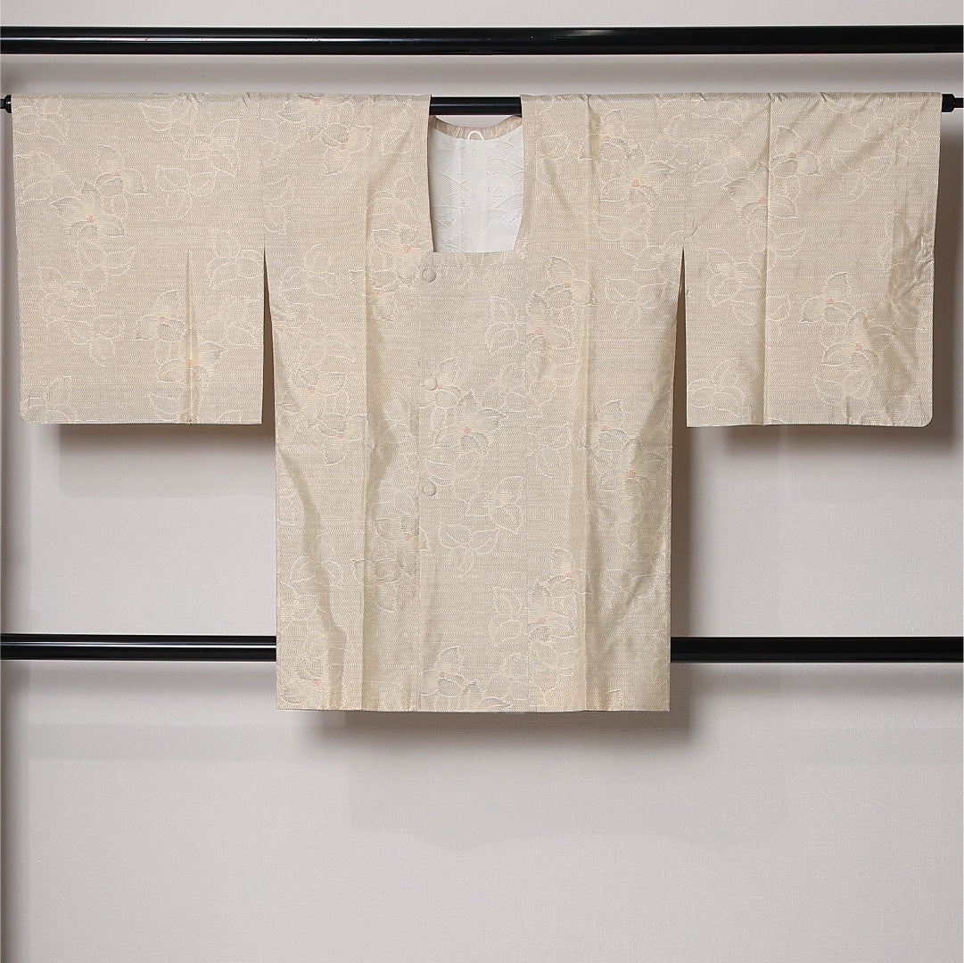 道行コート (白大島紬) 袷 身丈88cm 裄丈66cm 正絹 Aランク カジュアル Mサイズ 花柄 クリーム系 M4 1237-12913