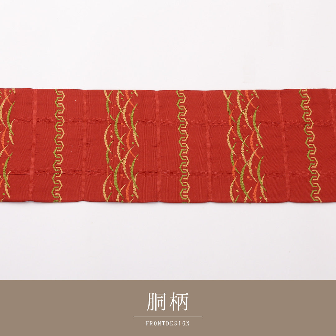 名古屋帯 六通 帯丈348cm カジュアル Aランク 正絹 芝草 朱系 1224-02335