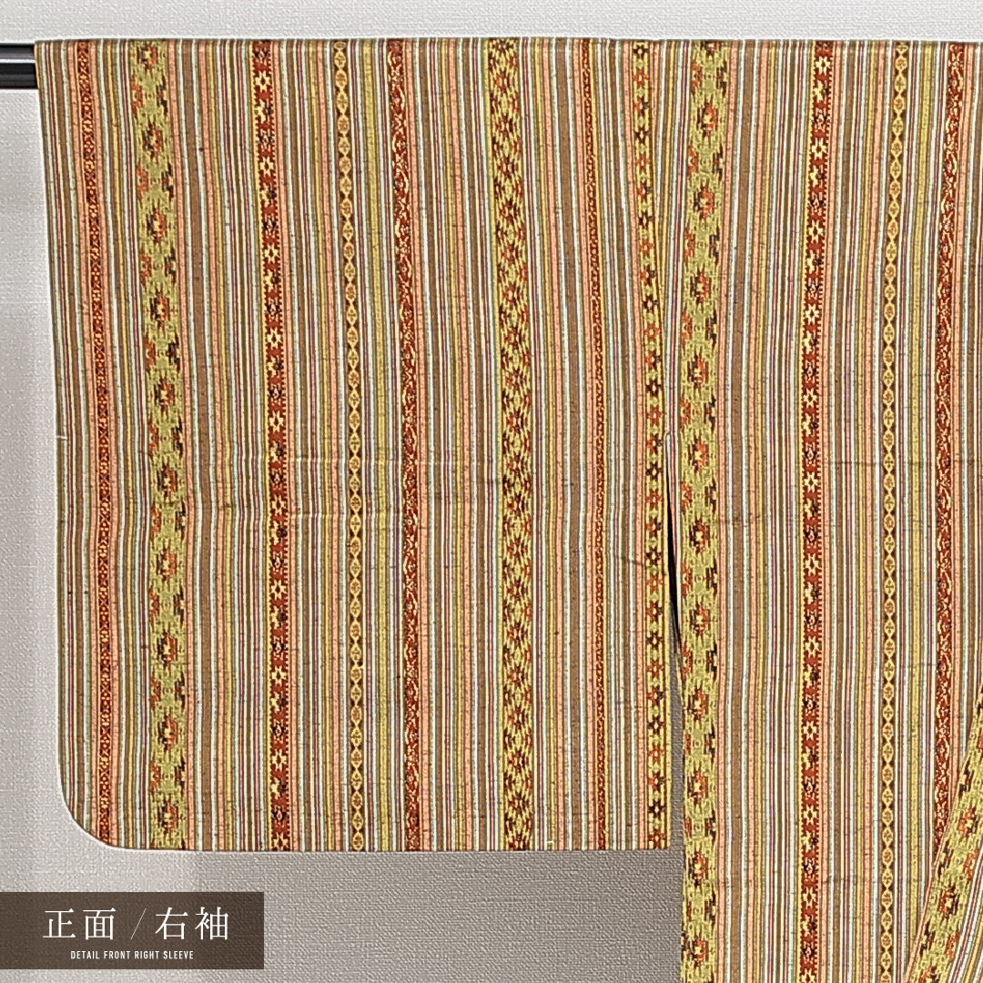 紬 単衣 身丈154cm 裄丈66cm 正絹 Sランク カジュアル バチ衿 Sサイズ 名物裂 薩摩間道 黄系 M4 1223-14773