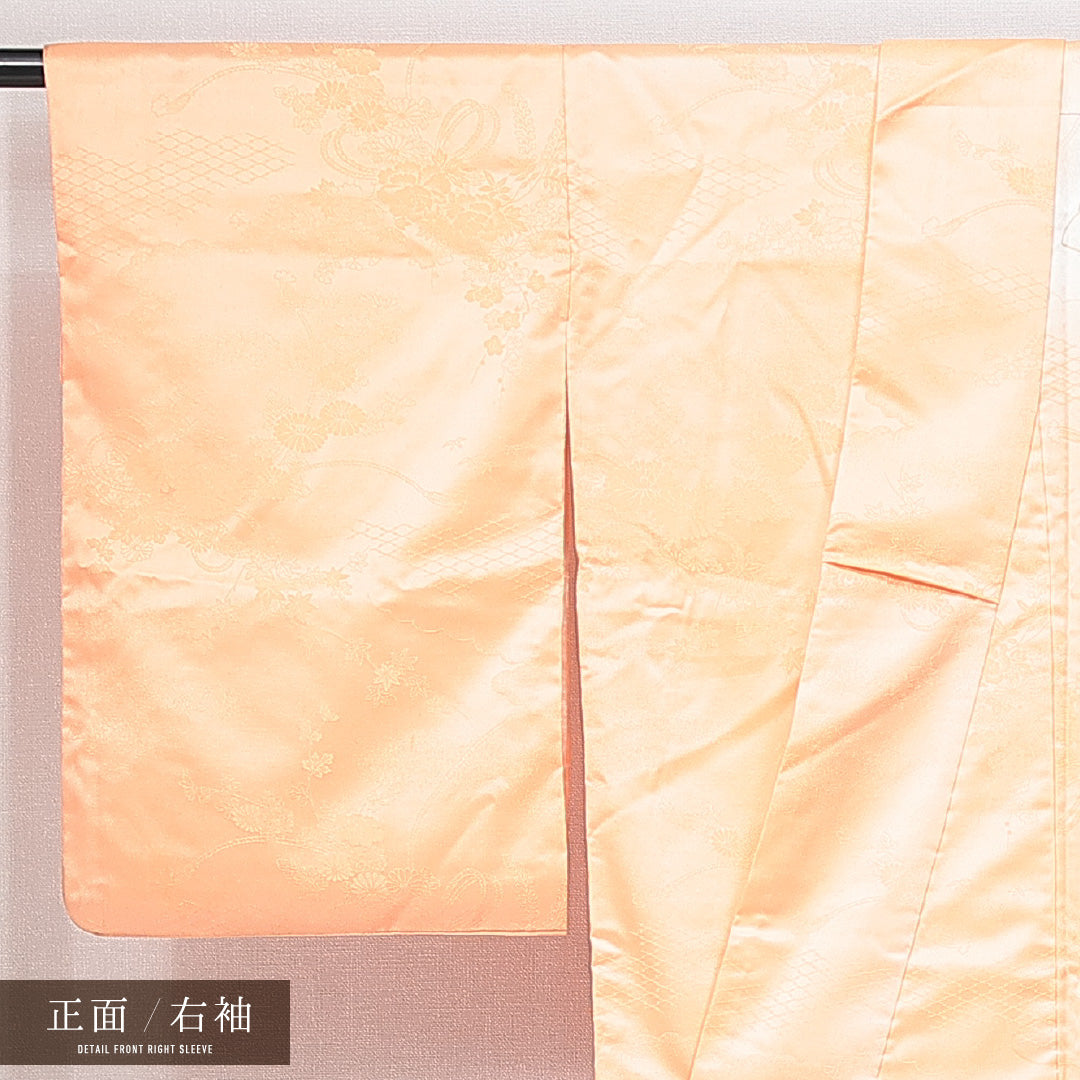 訪問着 袷 身丈161cm 裄丈65cm 正絹 Aランク Lサイズ 広衿 セミフォーマル 扇 牡丹 クリーム系 朱系 1212-14768