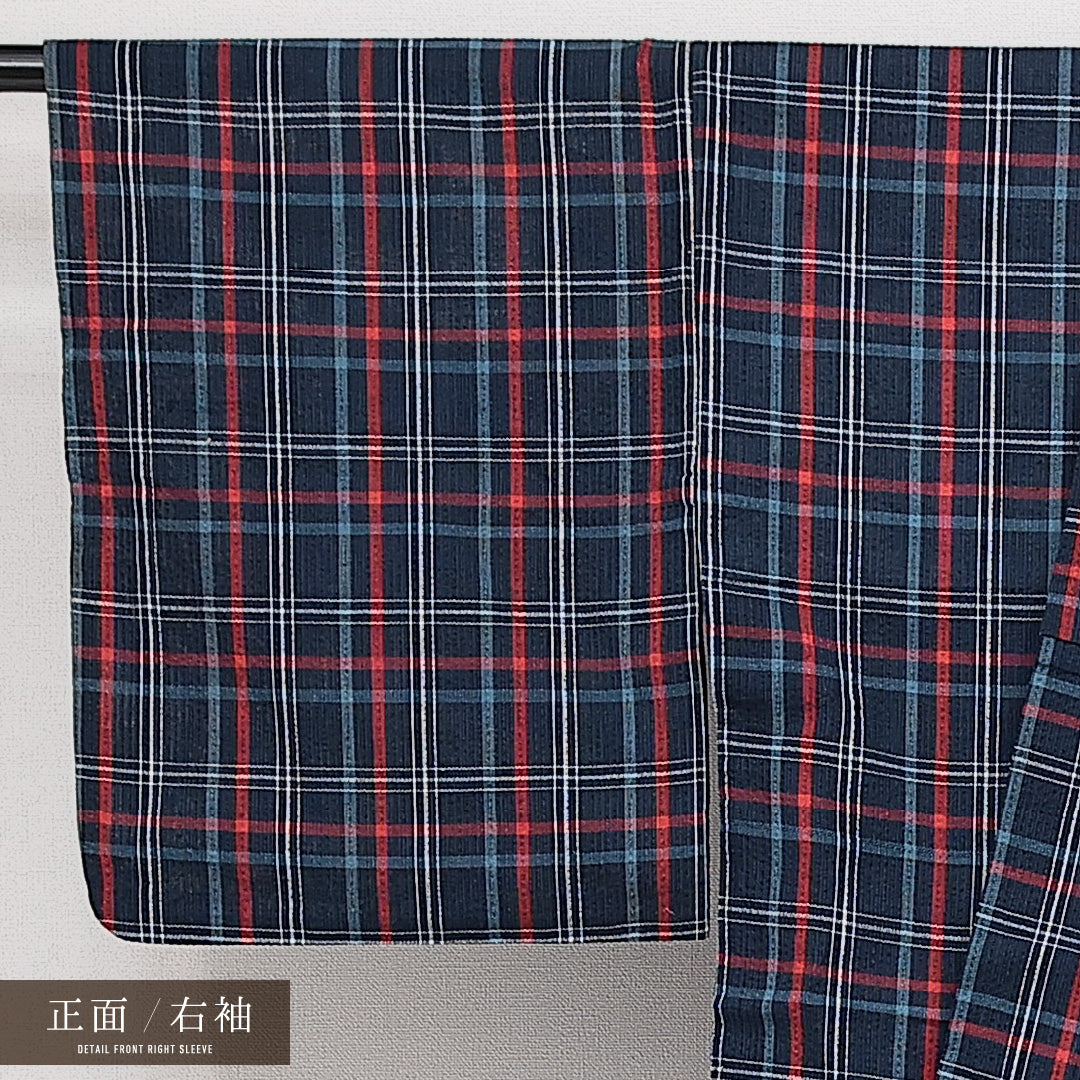 麻の紬 夏物 洗える着物 夏物 身丈157cm 裄丈64cm 麻 Cランク Mサイズ バチ衿 カジュアル 肩当て 格子 紺系 1216-14570