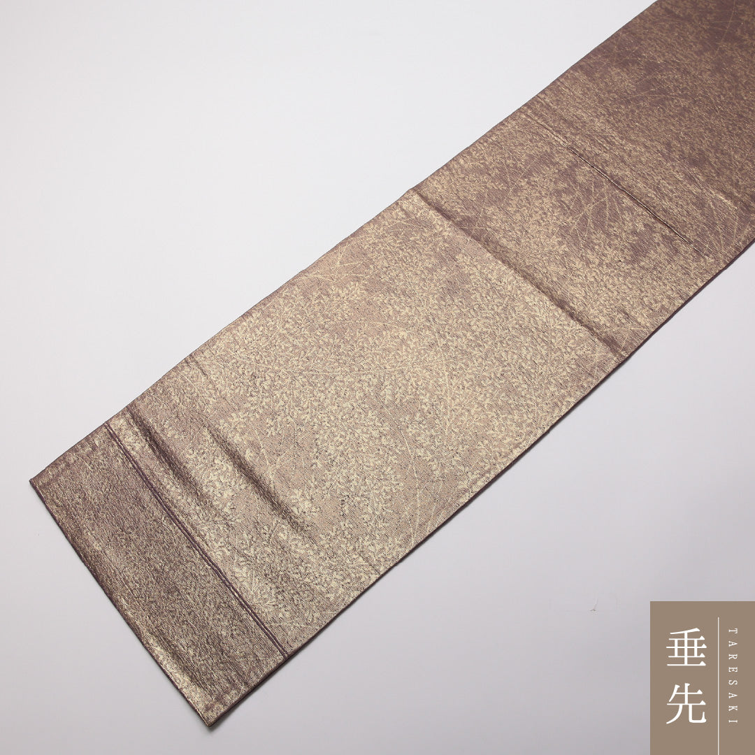袋帯 帯丈406cm 六通 紬 草花 箔 セミフォーマル 紫系 正絹 Aランク 1223-01352