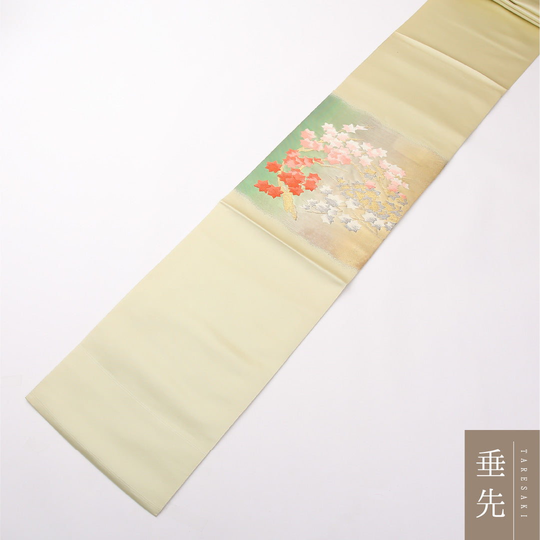 九寸名古屋帯 Bランク 帯丈347cm 正絹 ポイント柄 松葉仕立て 帯芯なし 織り セミフォーマル 紅葉 楓 緑系 RP 1245-02347