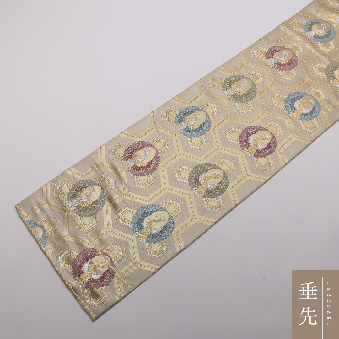 袋帯 帯丈406cm 正絹 六通 フォーマル 鶴の丸 毘沙門亀甲 吉祥文様 クリーム系 1243-01379