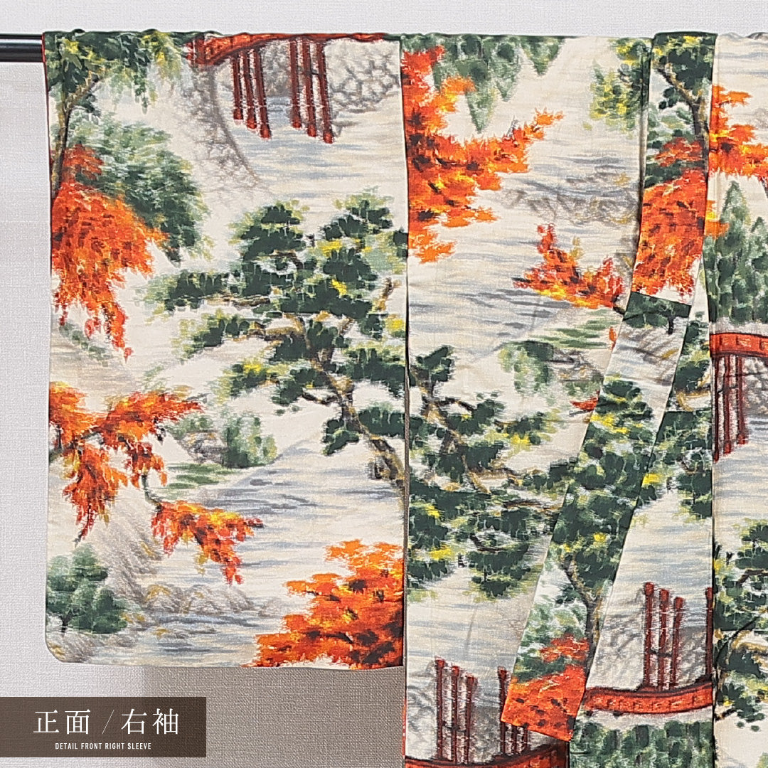 アンティーク 紬（銘仙） 袷 身丈144cm 裄丈61cm 正絹 Aランク XSサイズ バチ衿 橋 松 クリーム系 多色系 1216-15624