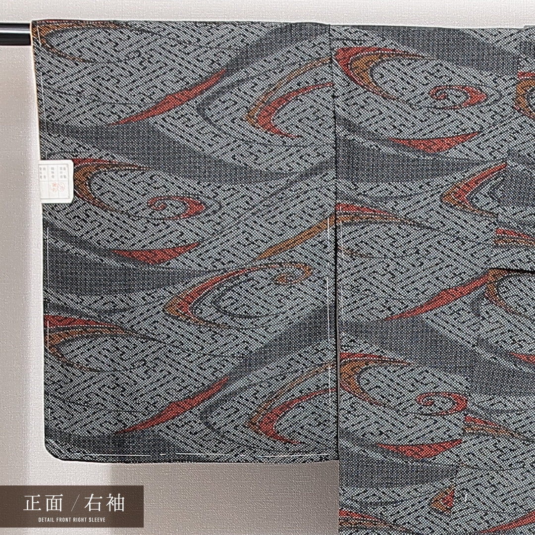 新古品 小紋 アンサンブル 洗える着物 袷 身丈159cm 裄丈64cm ポリエステル Nランク Mサイズ インフォーマル 渦 紗綾型 しつけ糸 グレー系 1215-14815