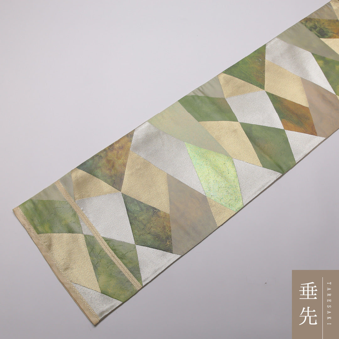 袋帯 帯丈420cm 正絹 六通 インフォーマル 創作柄 落款 緑系 1243-01402