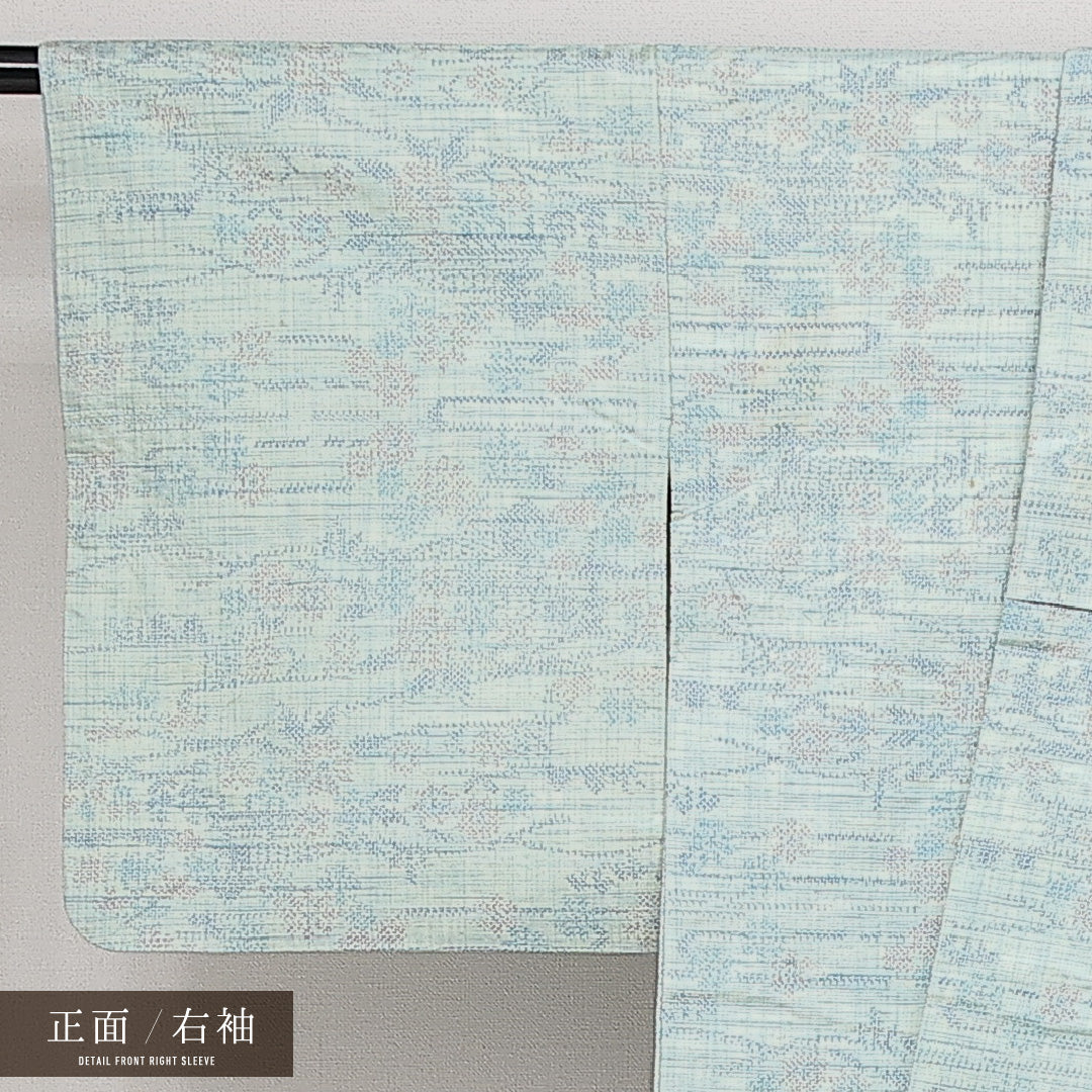 紬 袷 身丈160cm 裄丈64cm 正絹 Cランク カジュアル 広衿 Lサイズ 花柄 水色系 HP 1223-14362