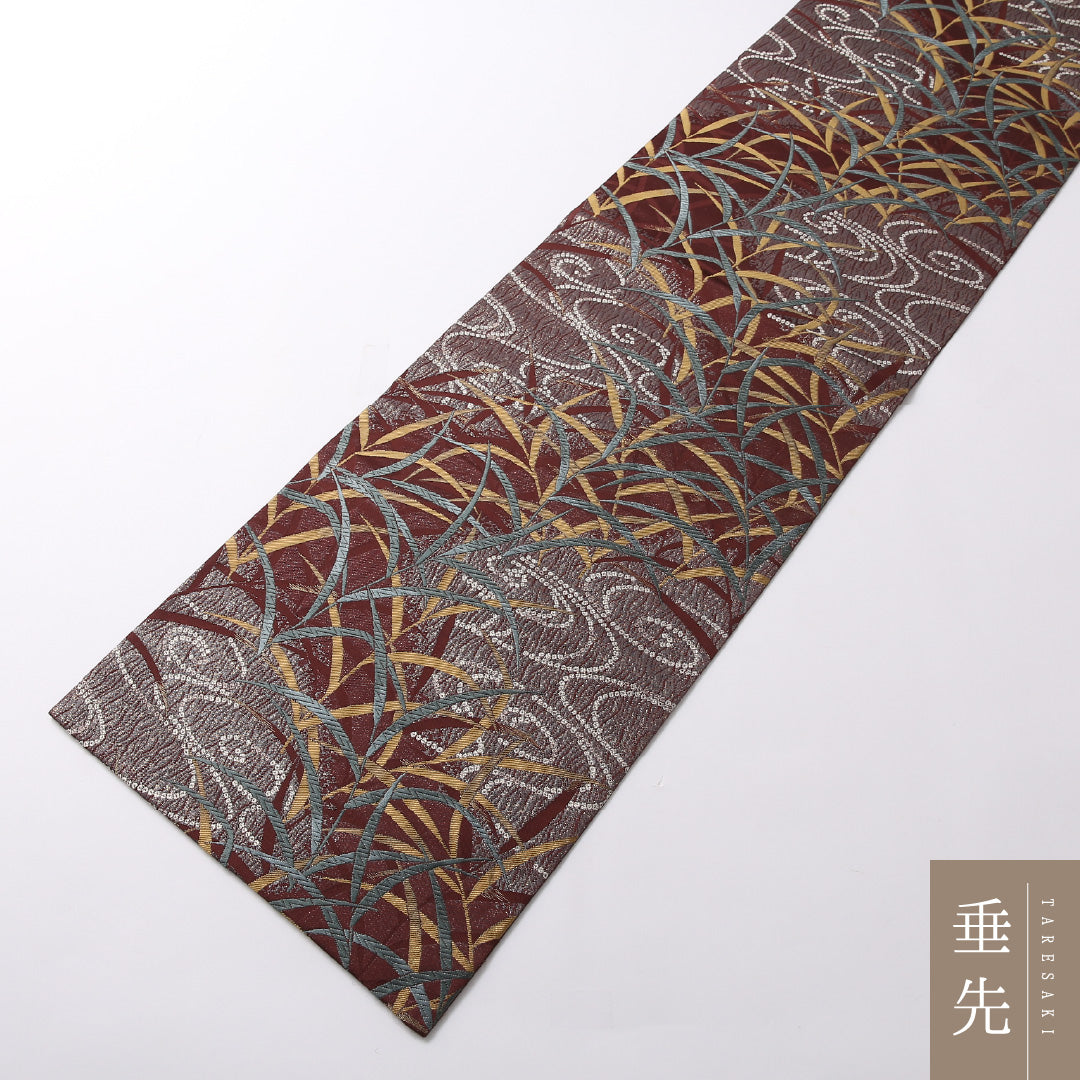 袋帯 帯丈442cm 六通 セミフォーマル Sランク 正絹 流水 芝草 古典的 淡い 茶系 1223-01686