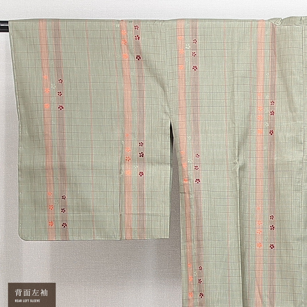 道行コート 袷 身丈132cm 裄丈66cm 正絹 Sランク Mサイズ インフォーマル ポケットあり 格子 桜 緑系 1263-14846