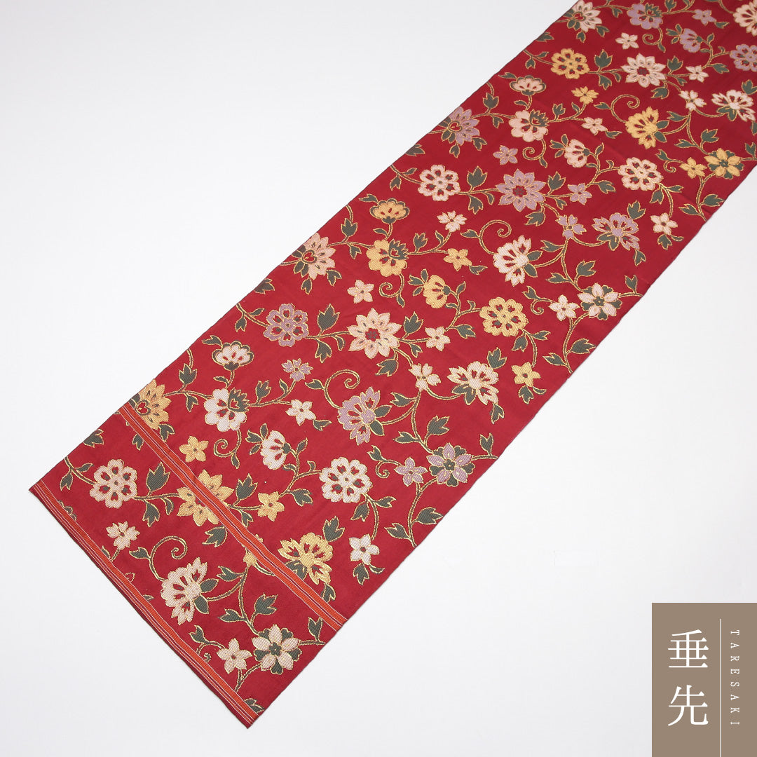 袋帯 帯丈416cm 正絹 全通 セミフォーマル 唐草華文 赤系 1243-01248