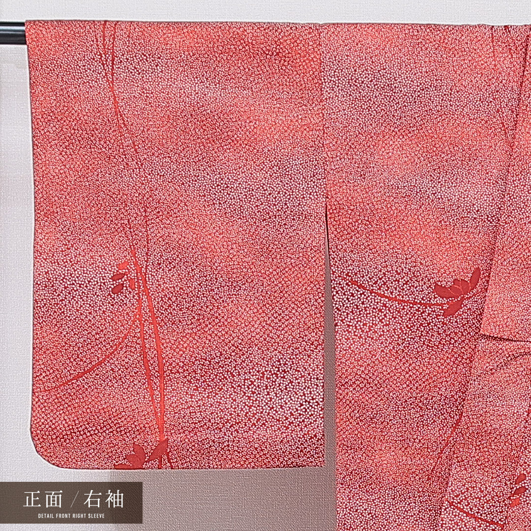洗える着物 ウールの紬 袷 身丈158cm 裄丈64cm ウール Sランク カジュアル バチ衿 Mサイズ 居敷当て 肩当て 花柄 赤系 RP 1223-15640