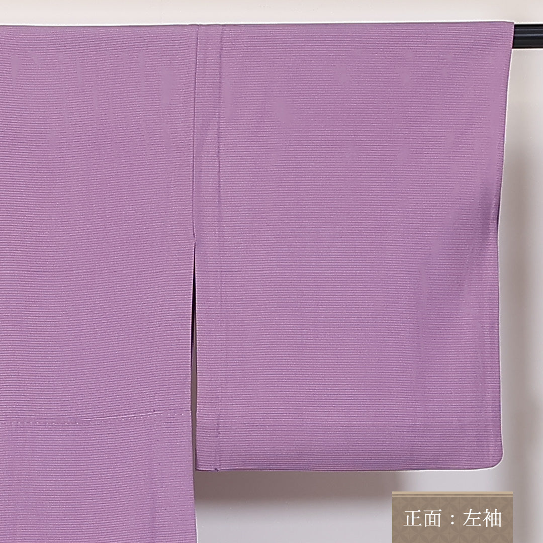 夏物 色無地 絽 身丈154cm 裄64.5cm 地紋なし 正絹 一つ紋 丸に抱き茗荷 紫系 Sランク 1214-00446