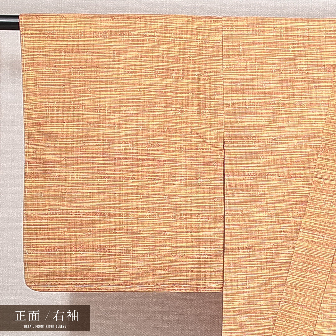 紬（真綿紬） 袷 身丈152cm 裄丈64cm 正絹 Sランク Sサイズ バチ衿 カジュアル 織り出し 創作柄 黄系 朱系 1216-14829