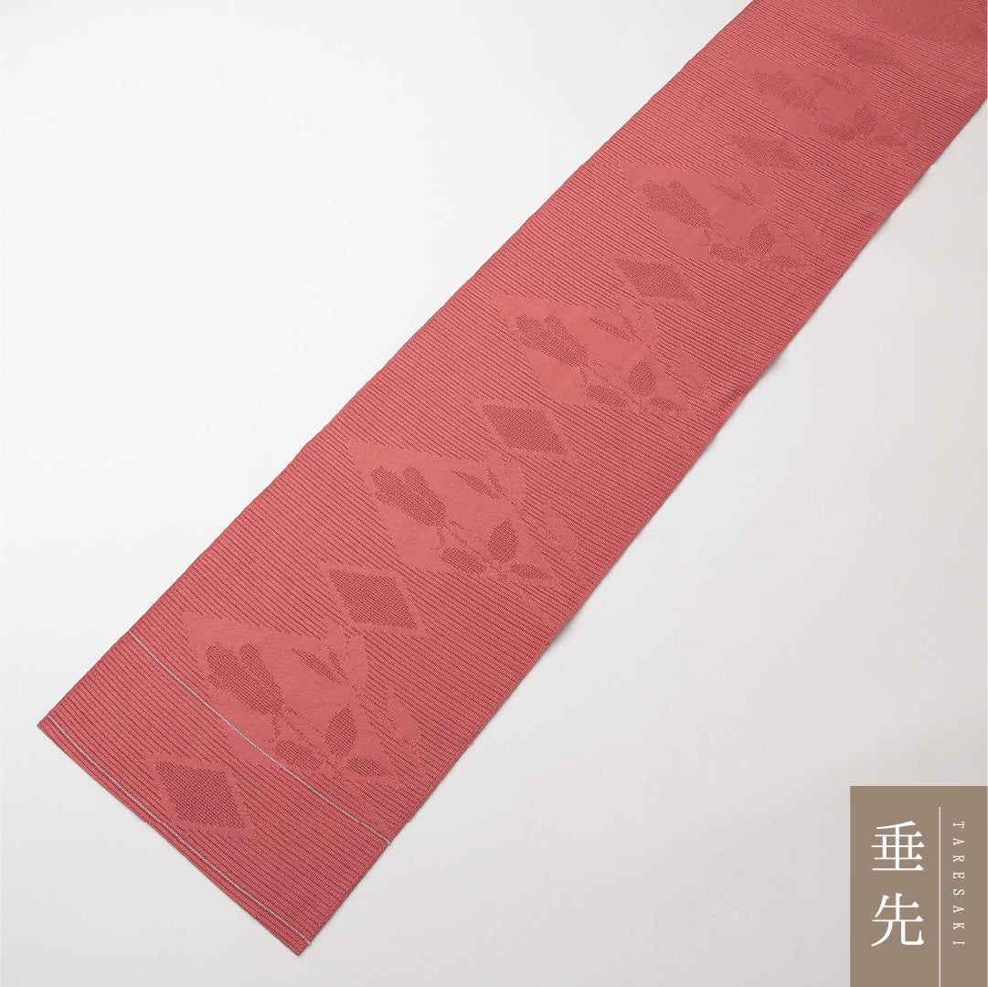 夏物 名古屋帯 六通 帯丈351cm カジュアル Sランク 正絹 絽 菱 植物柄 ピンク系 1224-02166