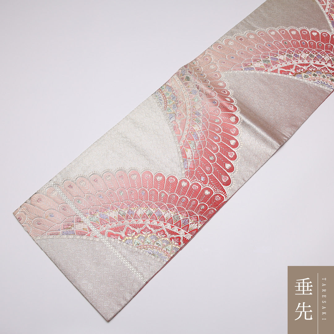 振袖用 袋帯 帯丈424cm 正絹 全通 佐賀錦 宝相華 孔雀 ピンク系 1243-01049