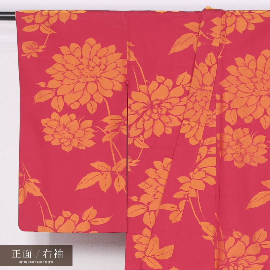 アンティーク お召 袷 身丈155cm 裄丈62cm 正絹 Aランク 広衿 Mサイズ 菊 赤系 M4 1222-11496