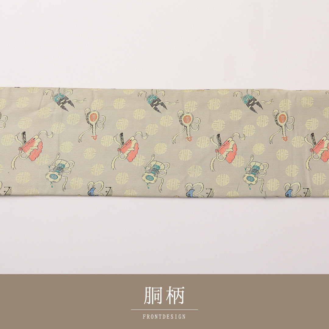 アンティーク 九寸名古屋帯 Aランク 帯丈345cm 正絹 全通 名古屋仕立て 帯芯なし 織り 楽器 クリーム系 RP 1245-02290