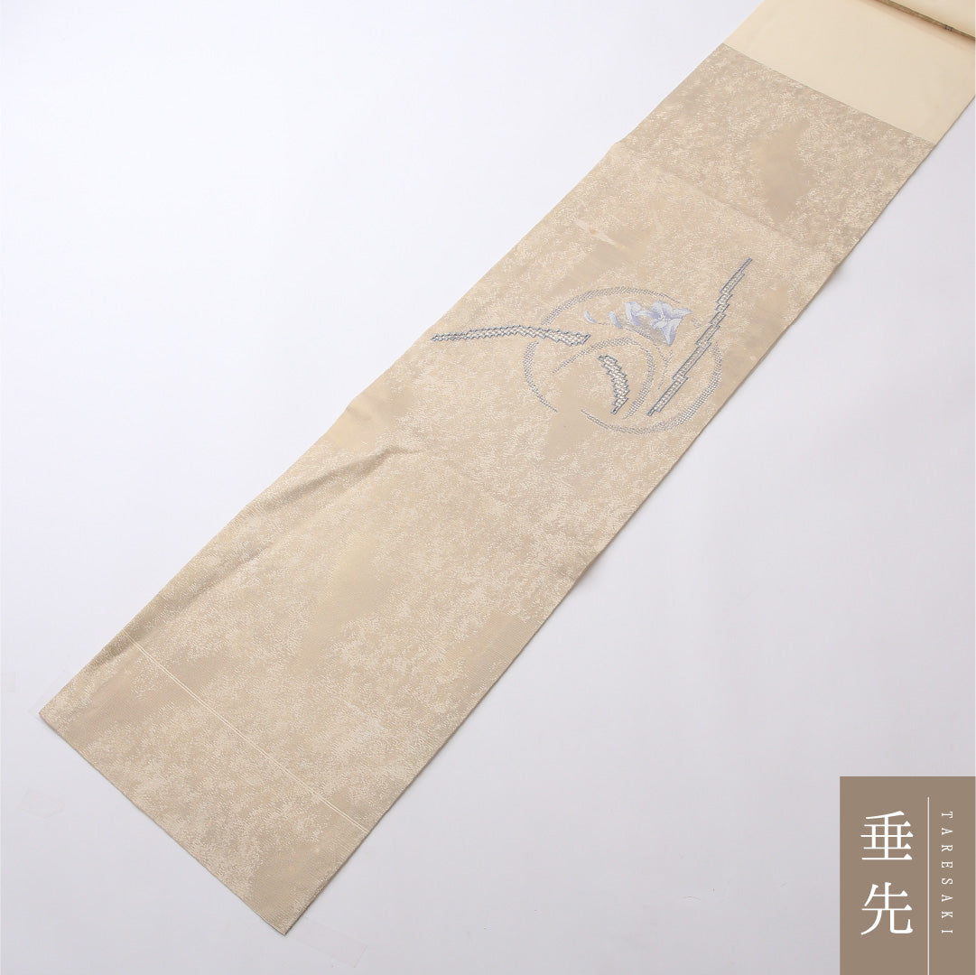 夏物 名古屋帯 六通 帯丈356cm カジュアル Bランク 正絹 紗 綴れ織 花柄 クリーム系 1224-02427
