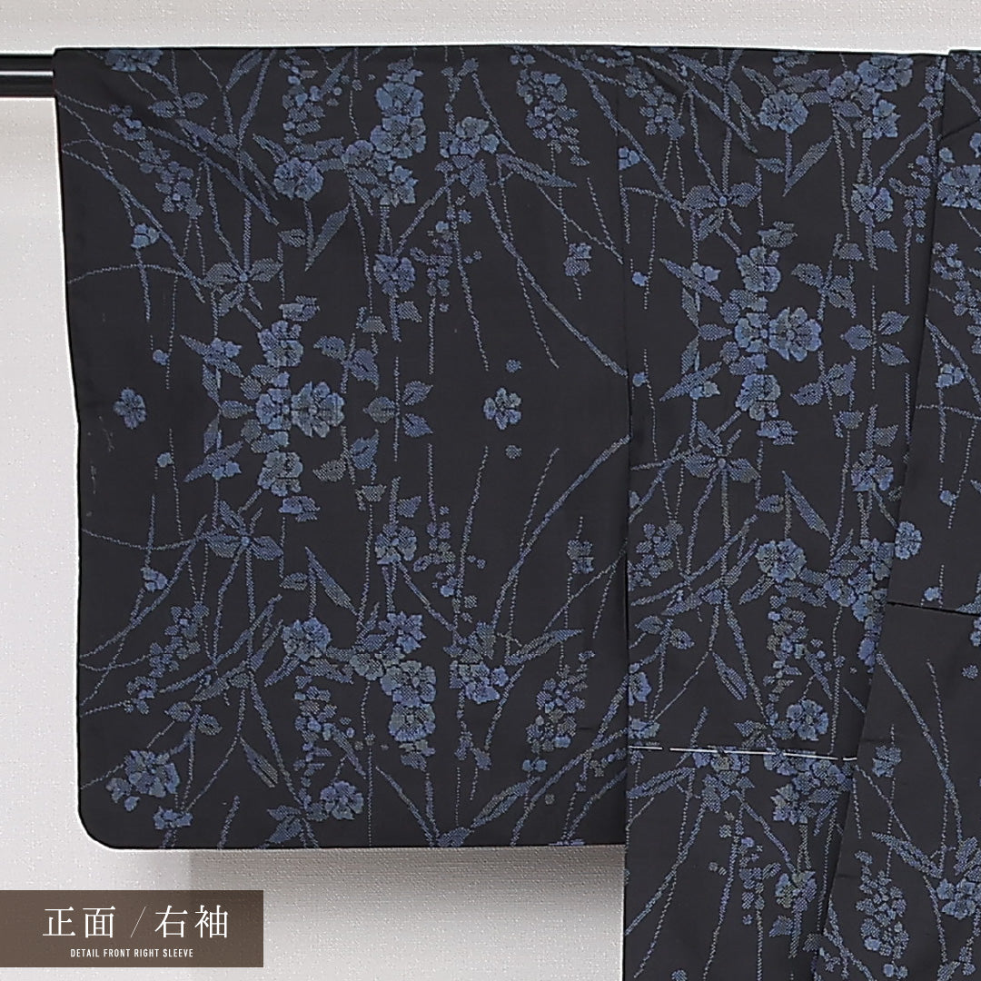 大島紬 袷 身丈159cm 裄丈62cm 正絹 Sランク インフォーマル 広衿 Mサイズ 経緯絣 花柄 植物柄 紺系 RP 1223-13117